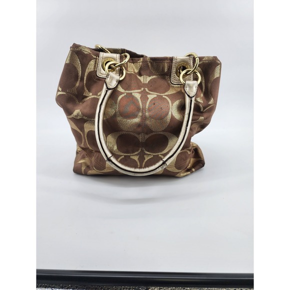 Coach Satchel‎ Purse Brown Signature Jacquard Fabric Silver Hardware